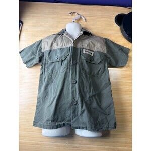 Sniper‎ Africa Safari Shirt Green Tan Short Sleeve Button Front Youth Size
